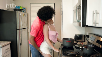 Pretty face blonde beauty having fun with her mixed boyfriend