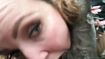 Redhead white MILF sucks that huge black cock while driving his car