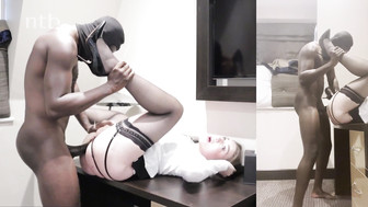 Black guy in a mask takes a hot blonde in stockings