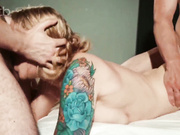 Sexy cuckold white blond tells her hubby that she was fucked out