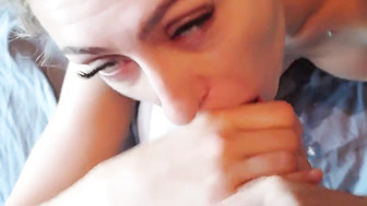 Cuckold white babe sucks off bbc and gets messy shot of cum