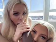 Two insatiable blonds in white stockings squeezes last drops of cum from bbc