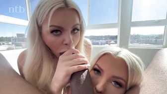 Two insatiable blonds in white stockings squeezes last drops of cum from bbc