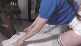 Sexy honey in white stockings gets that big black cock from behind