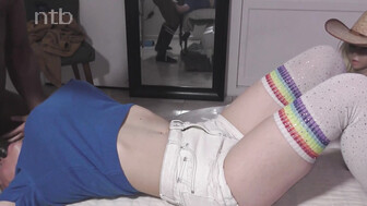 Sexy honey in white stockings gets that big black cock from behind