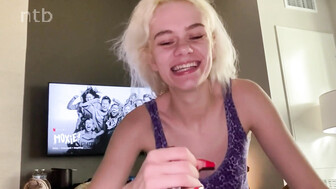 Skinny and petite, small titted blond gives nice heads to her bbc