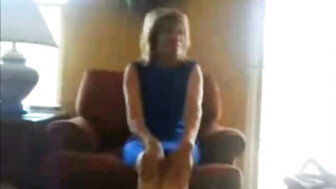 Blonde Mature Taken in Blue Dress in Front of Her Hubby