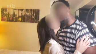 Sexy white wife in black lingerie pleases her hubby and her black lover