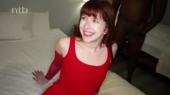 Cute redhead white babe gets fucked by bunch of big cocks bareback