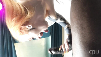 Milky skinned redhead teen swallows creamy black cumload