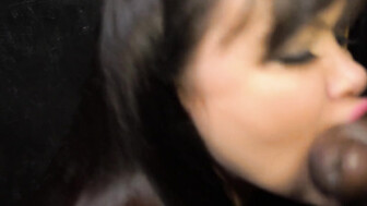 Chubby white barbie at glory hole sucking black cock