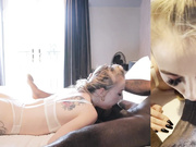 Hung black stud fucks blond white teen and cums in her mouth