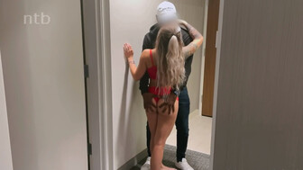 Hot ass blonde in red enjoying huge BBC