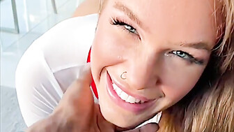 Pretty blond babe takes that bbc bareback in her bald pussy