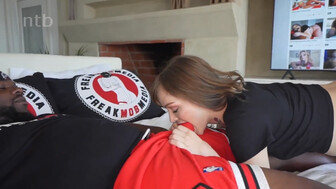 Submissive white girl in stockings worships huge BBC