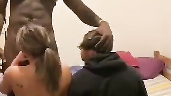 Wife and hubby on their needs worshipping their Black Dom