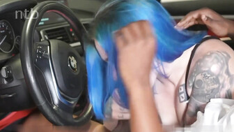 Hot PAWG with blue hair takes a big black cock in the car and on the bed