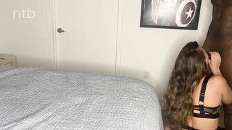 Hubby kisses his wife while black stud was pounding her bald pussy