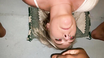 Pretty blonde gets facial outdoors