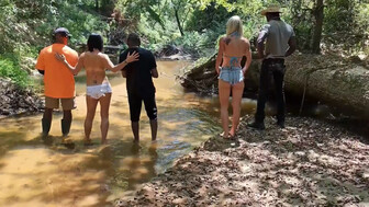 Hot white women and big black guys group fun in the woods