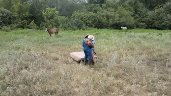 Busty white blonde and big black lover outdoors