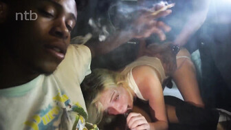 Hot blonde slut and several big black guys