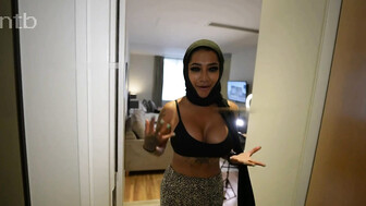 Busty babe welcomes black stud inside her flat and her pussy