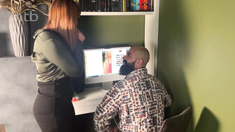 Busty redhead in sexy black stockings milks that huge uncut dick