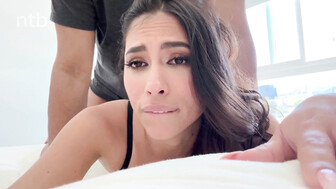 Long haired brunette in black straps and thongs gets messy bbc facial