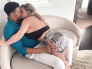 Firmbody blond cuckold white milf receives bbc load on her boobs