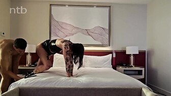 Tattooed brunette chick trhroats and fucks big black dick