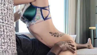 Slender cuckold white wife jumps on that fat black cock once again