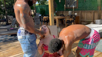 Hot babe in red was having fun with two black guys