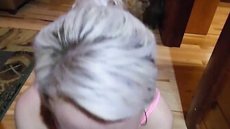 Petite green eyed blonde gives blowjob to BBC