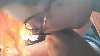 White girl with glasses gives sloppy blowjob