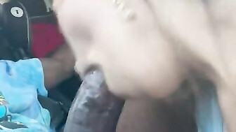 Sexy white chick swallows black cock in the car