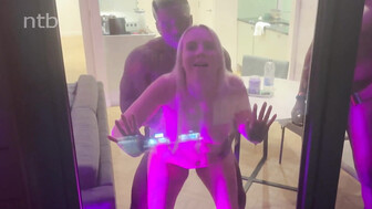 Blond white babe gets messy facial after fucking two huge black cocks