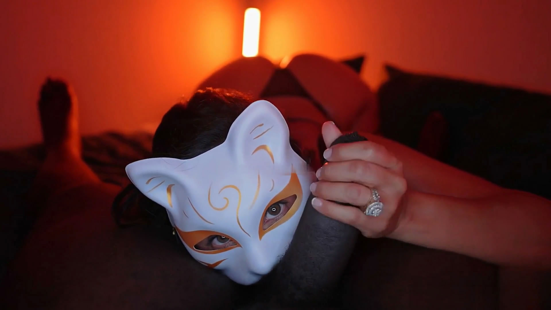 The cutie in the white mask got this thick black cock