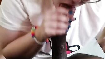 Thick blonde with glasses gives head