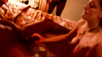 Slutty white girl gets three big black cocks