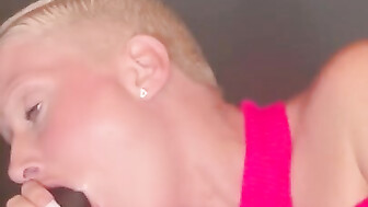 Shorthair blonde gives sloppy head to black dick