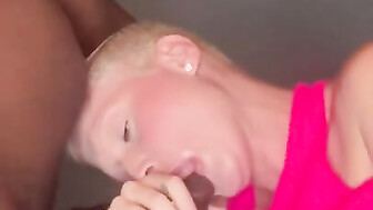 Shorthair blonde gives sloppy head to black dick