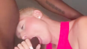 Shorthair blonde gives sloppy head to black dick