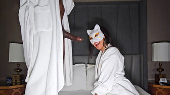 Hot wife in white mask having fun with her black lover