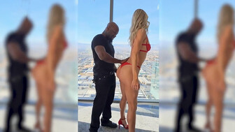 Blonde beauty in red lingerie and muscular black lover