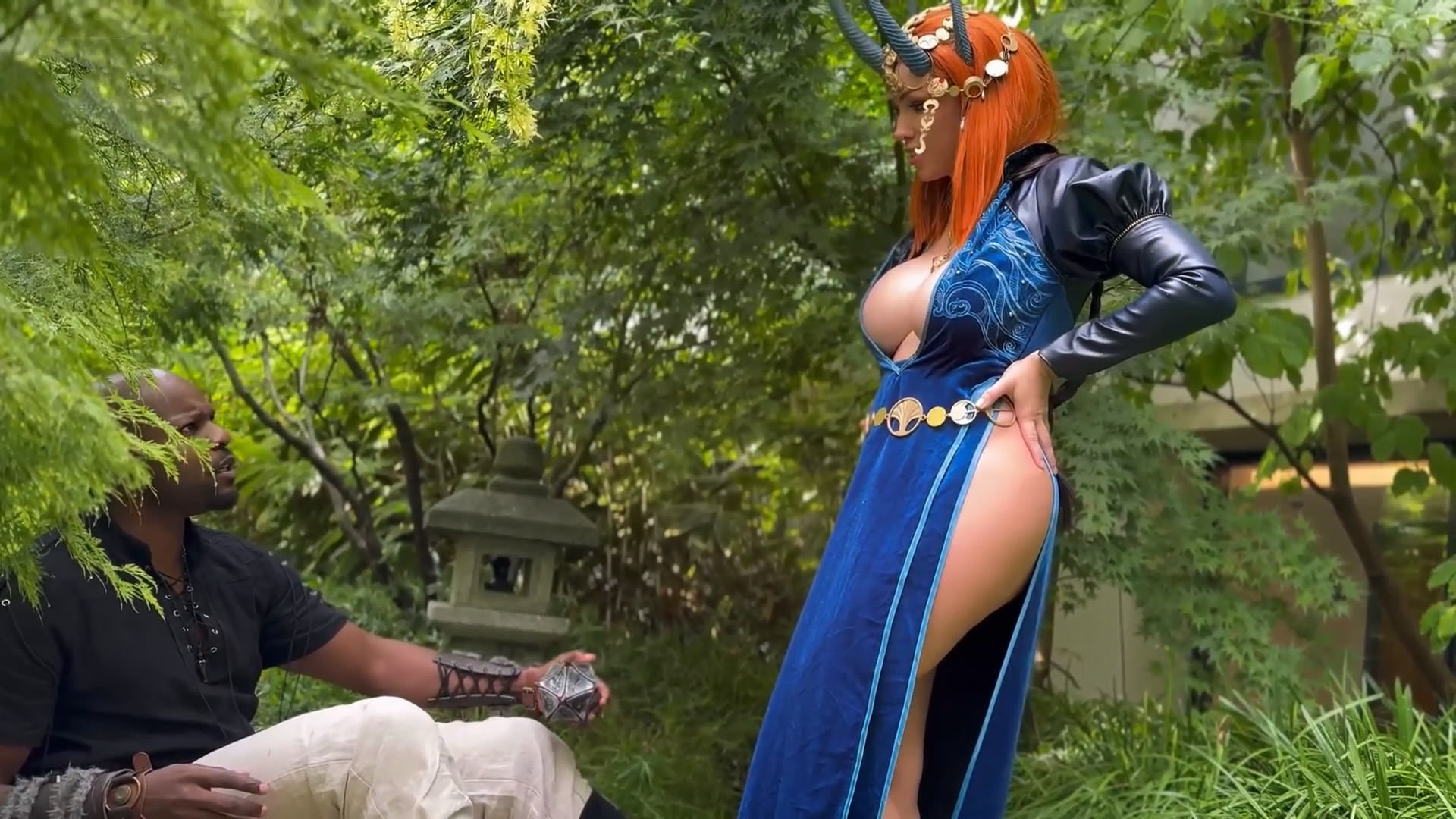 Sexy redhead with huge boobs seduced this black guy