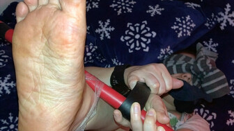 Romanian whore fucked by a small cock with feet tied to a broomstick