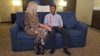 Amazing blonde MILF in sexy lingerie seduced a black guy