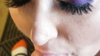 Real Cuckold Gf Takes a Load To The Face From Her Bull