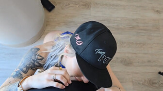 Lovely white blonde with tattoo worhips Big black cock